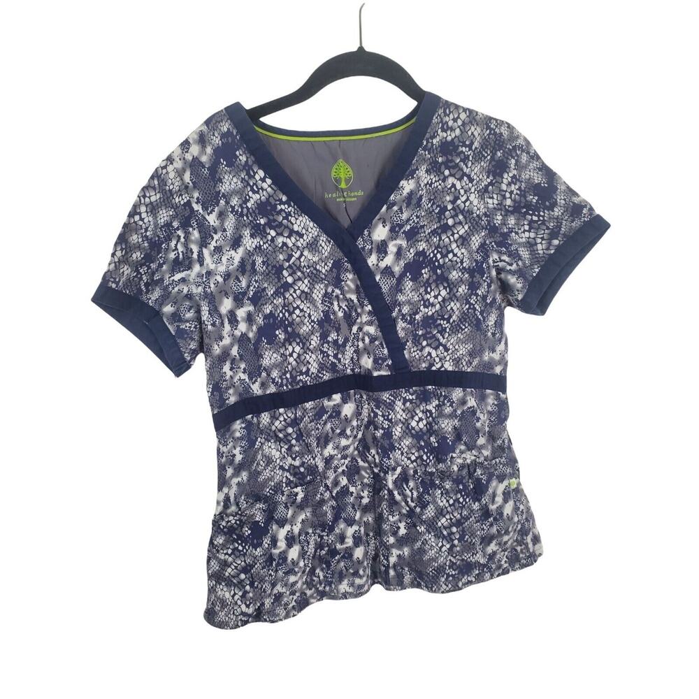 Healing Hands Scrub Top Small Womens Short Sleeve V Neck Blue White Pockets Medi